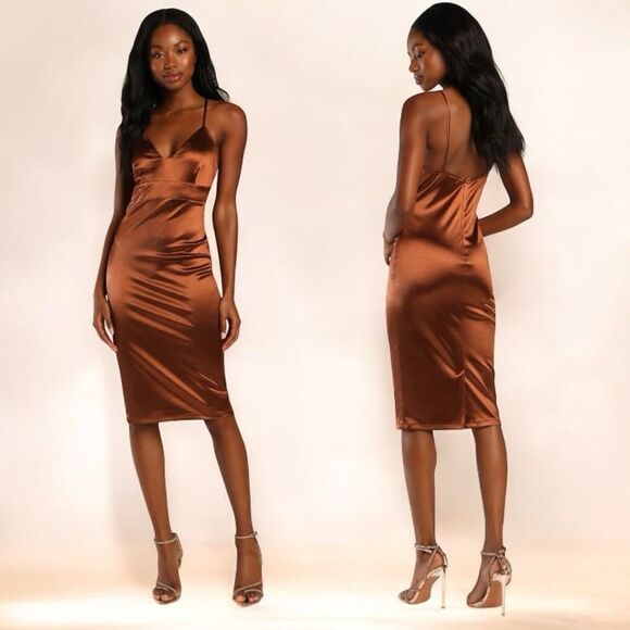Lulus Best of Everything Bronze Satin Bodycon Midi Dress Size Small NEW NWT - Picture 1 of 15